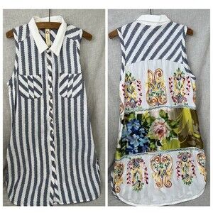 Cyrena Anthropologie Embroidered Floral Sleeveless Dress Shirt Striped  Size L